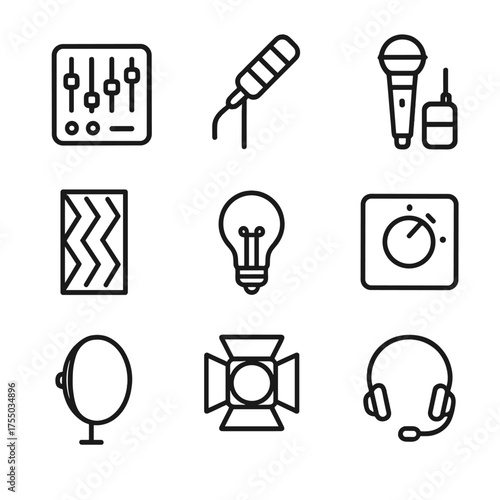 Audio & Lighting Icons. Outline icon set of audio and lighting coordination: mixing console, boom pole, wireless mic, soundproof