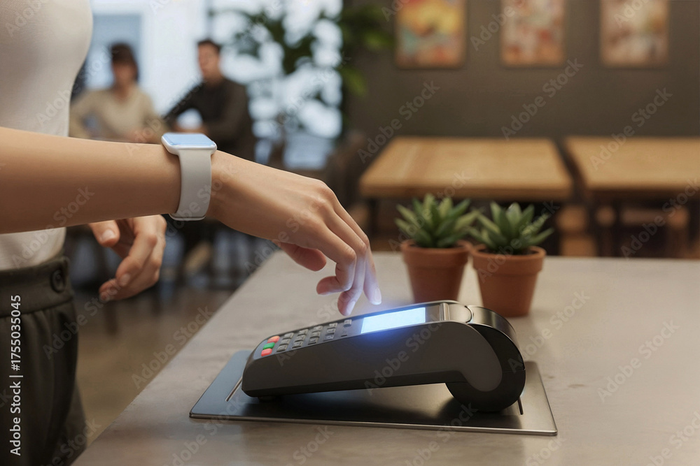 Fototapeta premium Woman using contactless payment terminal with smartwatch in modern cafe, showcasing technology and convenience in everyday transactions and consumer experiences
