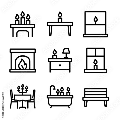 Candle Décor Icons. Outline icon set of candle décor placements: mantelpiece, coffee table, shelf, fireplace, bedside table,