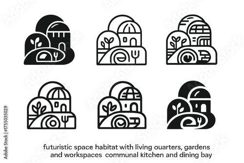 Futuristic Habitat Logos. A futuristic space habitat with living quarters, gardens, and workspaces. Set Logo of A futuristic space habitat with
