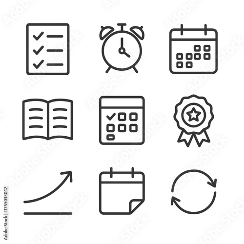 Habit Formation Icons. Outline icon set of habit formation: checklist, alarm clock, calendar, journal, habit tracker, rewards
