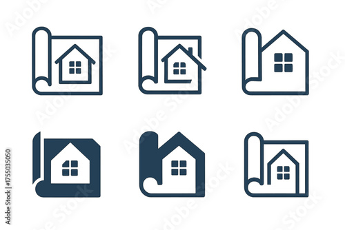 Home Renovation Logos. Home renovation and construction services. Set Logo of Home renovation and construction services: blueprint roll. harmonious logo