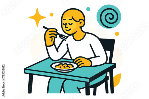 Mindful Dining. Peaceful Meal. A glowing person slowly eating at a calm table, abstract spark and swirl icons symbolizing mindfulness. Modern flat-line