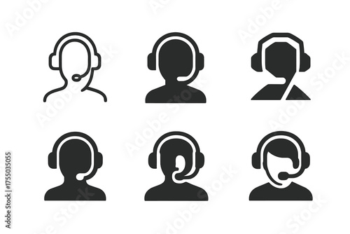 Diverse Customer Logos. Customer service representative on a call. Set Logo of Customer service representative on a call: headset with microphone. harmonious
