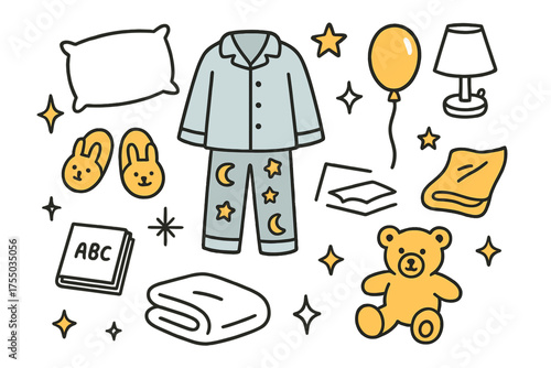 Cartoon Pajama Doodles. Cartoon Pajamas. Hand-drawn doodle illustration pajamas with characters (colored), slippers (colored), pillow, teddy bear (colored),