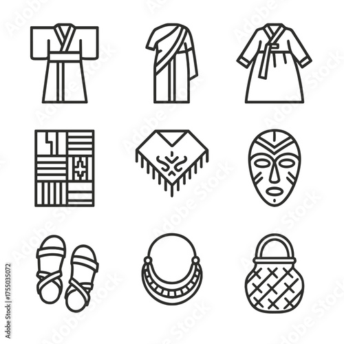 Cultural Garment Icons. Outline icon set of Traditional cultural garments: kimono, sari, hanbok, kente cloth, embroidered shawl,