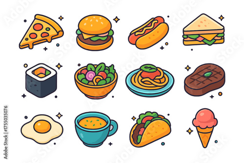 Colorful Food Icons. Food. Colorful isometric vector icons set of food: pizza slice, burger, hot dog, sandwich, sushi roll, salad bowl, pasta plate, steak,
