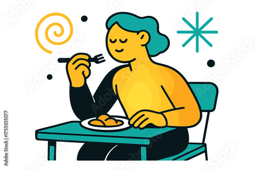 Mindful Dining Scene. Peaceful Meal. A glowing person slowly eating at a calm table, abstract spark and swirl icons symbolizing mindfulness. Modern flat-line