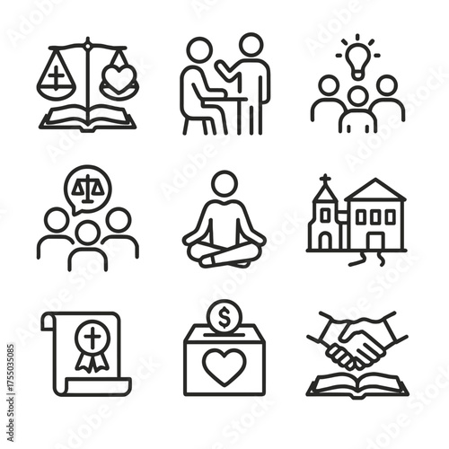 Ethical Education Icons. Outline icon set of moral and ethical education: scales of justice with cross, heart and open book,