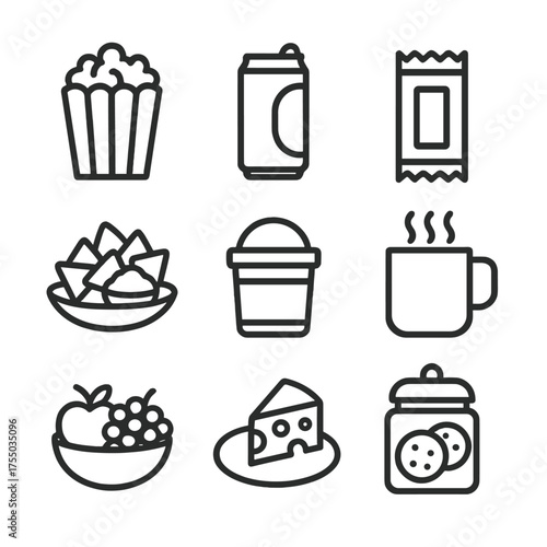 Cozy Evening Snacks Icons. Outline icon set of cozy evening snacks: popcorn, soda can, candy bar, nachos plate, ice cream tub, hot