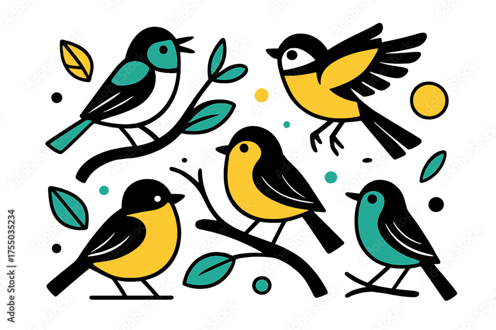 Obraz premium Geometric Woodland Birds. Woodland Birds. Small birds perched on abstract branches and floating leaves, geometric shapes showing movement, lively forest scene.