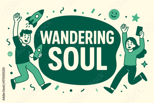 Wandering Soul Celebration. Wandering Soul banner, flat vector illustration, bold oversized text inside rounded blob, cartoon characters jumping and waving,