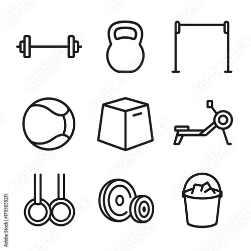 CrossFit Equipment Icons. Outline icon set of CrossFit equipment: barbell, kettlebell, pull-up bar, medicine ball, plyo box,