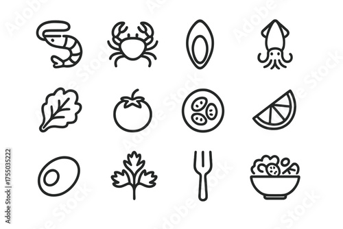 Seafood Salad Icons. Seafood and vegetable salad. Line icon set of Seafood and vegetable salad: shrimp, crab, mussel, squid, lettuce, cherry tomato, cucumber