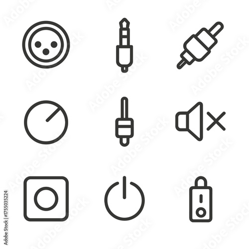 Audio Icon Grid. Outline icon set of audio connections and controls: XLR connector, TRS jack, RCA plug, USB port, volume knob,