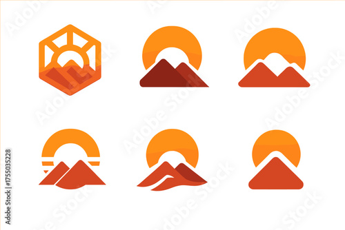Sunset Logo Variations. Sunset Sky. Set Logo of Sunset Sky: sun dipping behind mountains. harmonious logo variations of the same emblematic concept, each with