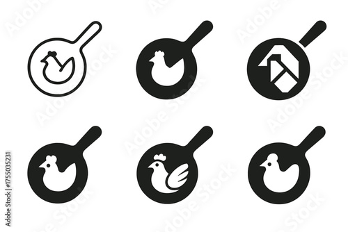 Pan-Fried Chicken Logos. Pan-Fried Chicken. Set Logo of Pan-Fried Chicken: pan handle with chicken silhouette. harmonious logo variations of the same