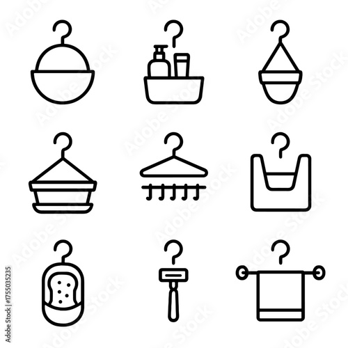 Hook-Mounted Organizers Icons. Outline icon set of hook-mounted organizers: hanging basket, toiletry caddy, plant hanger, shower