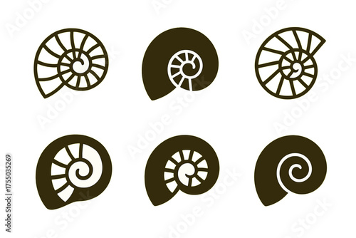 Fossil Logo Variations. Fossil hunting and paleontology enthusiasts. Set Logo of Fossil hunting and paleontology enthusiasts: ammonite fossil. harmonious logo