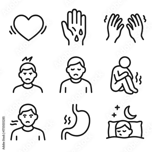 Anxiety Symptoms Icons. Outline icon set of anxiety and stress symptoms: racing heart, sweating palms, trembling hands, headache,