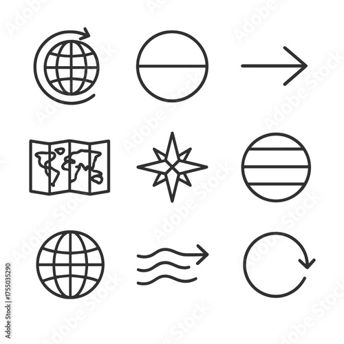 Coriolis Effect Icons. Outline icon set of Coriolis effect on wind: spinning Earth, equator line, Coriolis arrow, map projection,