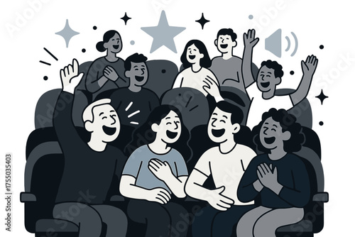 United Laughter Theater. United laughter. Glowing full theater scene with rows of audience in synchronized joy. Floating icons of sparkle, star, and sound wave