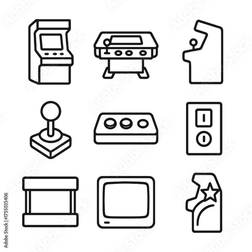 Arcade Game Icons. Outline icon set of arcade game cabinets: upright cabinet, cocktail table, mini arcade, joystick lever, button