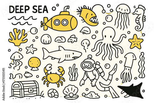 Underwater Doodle Adventure. Deep Sea. Hand-drawn doodle illustration Submarine, angler fish, coral, jellyfish, treasure chest, octopus, crab, seaweed,