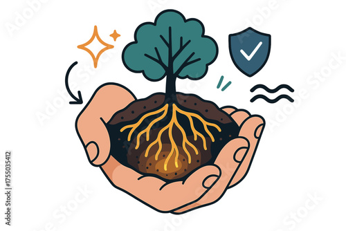 Stable Roots Vision. Holding soil. Glowing tree roots tightly gripping earth, preventing erosion. Floating icons of sparkle, shield, and wave symbolizing