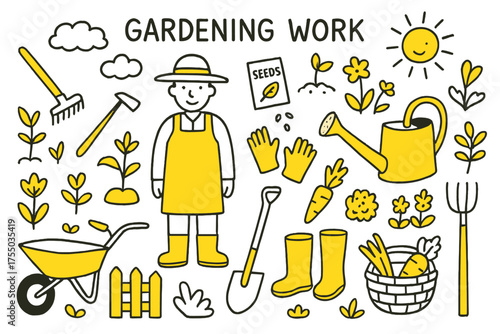 Garden Tools and Plants. Gardening Work. Hand-drawn doodle illustration Hoe, plants, seeds, soil, garden bed, farmer, watering can, gloves, sun, clouds,