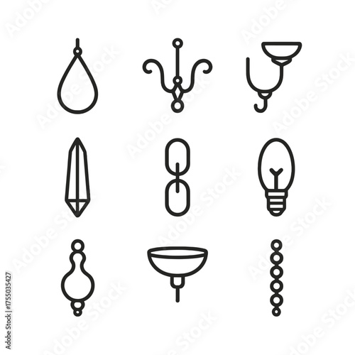 Chandelier Element Icons. Outline icon set of crystal chandelier elements: crystal drop, metal frame, candelabra arm, glass prism,