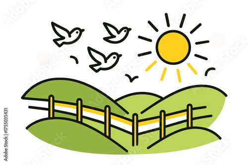 Abstract Pasture Serenity. Pasture view. Rolling hills with a glowing fence line crossing through, abstract birds and floating sun rays above showing peace and