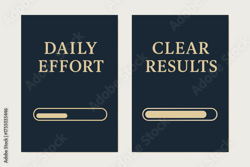 Daily Effort, Clear Results. Discipline. Two vertical A6 banners with safe margins, centered composition, no elements touching edges, modern minimal, navy and