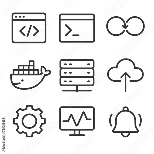 DevOps Tools Icon Set. Outline icon set of DevOps workflow tools: code editor, terminal window, CI/CD pipeline, Docker container,