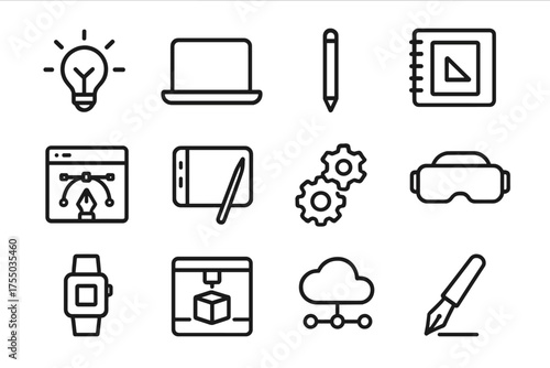 Design-Tech Icon Set. Design-tech synergy. Line icon set of Design-tech synergy: light bulb, laptop, stylus, sketchpad, design software, tablet, gears, VR