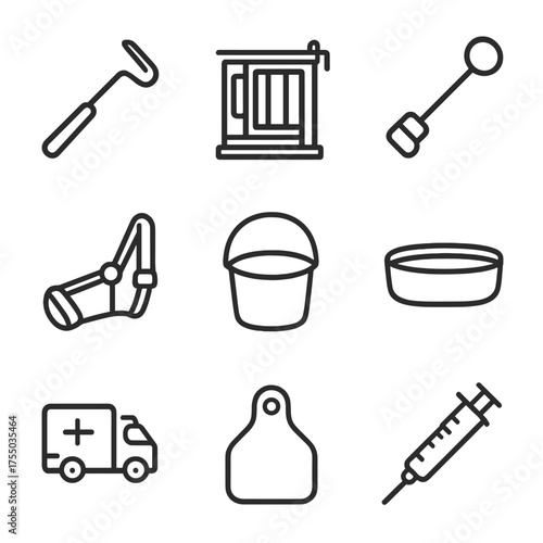 Animal Care Icons. Outline icon set of large animal veterinary care: hoof pick, livestock chute, branding iron, large syringe,