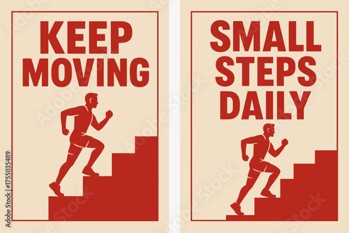 Runner's Progress Steps. Strength. Two vertical A6 banners with safe margins, centered composition, no elements touching edges, bold style, red and beige,