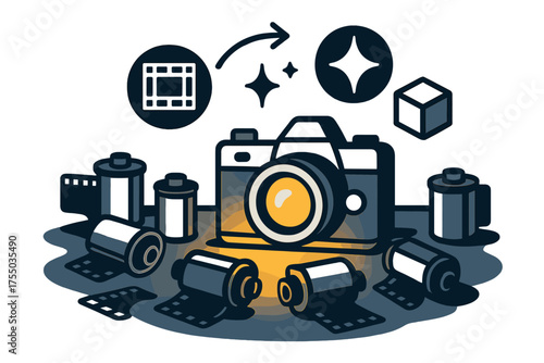 Analog Creativity Scene. Film rolls. Glowing camera on a desk surrounded by scattered film canisters. Floating icons of film strip, sparkle, and cube