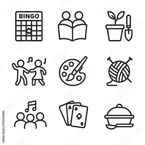 Community Event Icons. Outline icon set of community social events: bingo card, book club, gardening club, dance class, art