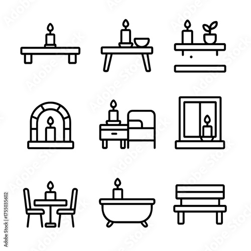 Candle Décor Icons. Outline icon set of candle décor placements: mantelpiece, coffee table, shelf, fireplace, bedside table,