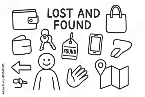Lost and Found Icons. Lost and Found. Hand-drawn doodle illustration Lost and Found wallet keys bag phone tag map person arrow hand smile location pin. Simple