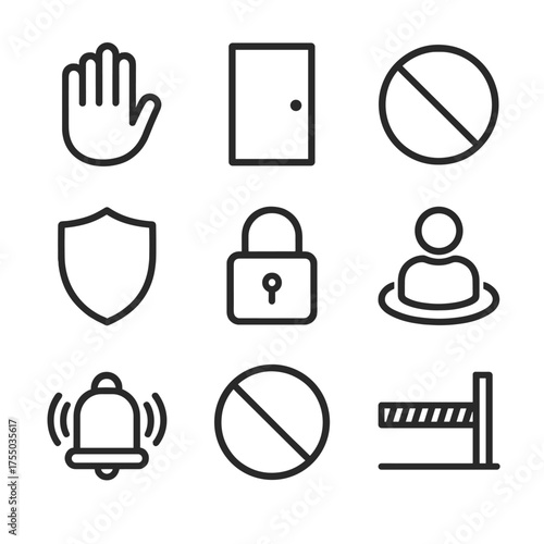 Boundary Icon Set. Outline icon set of setting personal boundaries: stop hand gesture, closed door, no entry sign, shield, lock,
