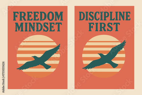 Retro Sunrise Banners. Mindset. Two vertical A6 banners with safe margins, centered composition, no elements touching edges, retro style, coral and teal,