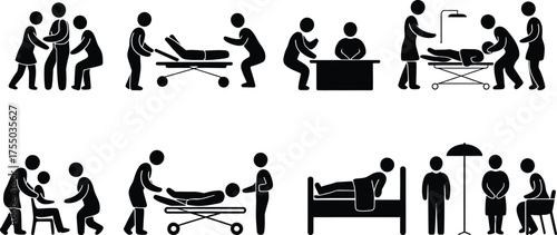 Pictorial representations of medical care and hospital scenes in simple stick figure art