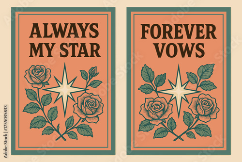 Vintage Wedding Banners. Wedding. Two vertical A6 banners with safe margins, centered composition, no elements touching edges, retro style, coral and teal,