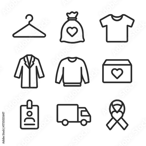 Clothing Donation Icons. Outline icon set of Clothing donation drive: clothes hanger, donation bag, t-shirt, coat, sweater,