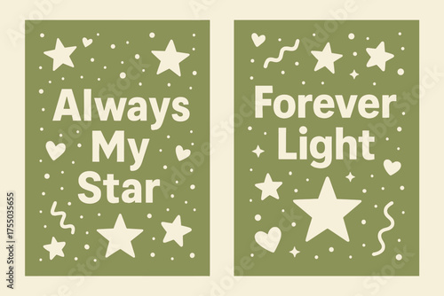 Memphis Style Banners. Inspiration. Two vertical A6 banners with safe margins, centered composition, no elements touching edges, memphis style, olive green and
