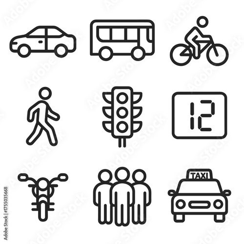 City Traffic Icons. Outline icon set of rush hour city traffic: sedan car, bus, bicycle, pedestrian silhouette, taxi cab, traffic