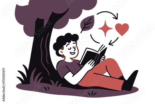Imagination Beneath Tree. Book under the tree. Glowing child lying in shade of large tree with book in hand. Floating icons of leaf, sparkle, and heart
