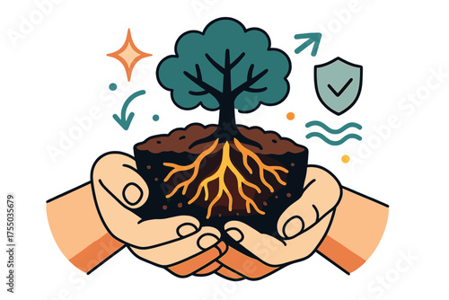 Stability Through Nature. Holding soil. Glowing tree roots tightly gripping earth, preventing erosion. Floating icons of sparkle, shield, and wave symbolizing